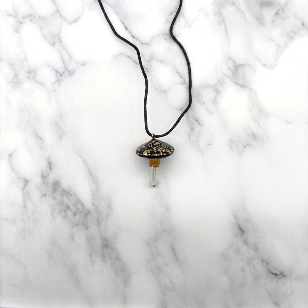 Black Mushroom Necklace with Quartz Crystal | Gold Leaf Polymer Clay Pendant - Picture 4 of 10